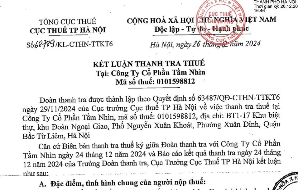 Kiểm tra chứng từ thuế bị sai phạm của Công ty Cổ Phần Tầm Nhìn