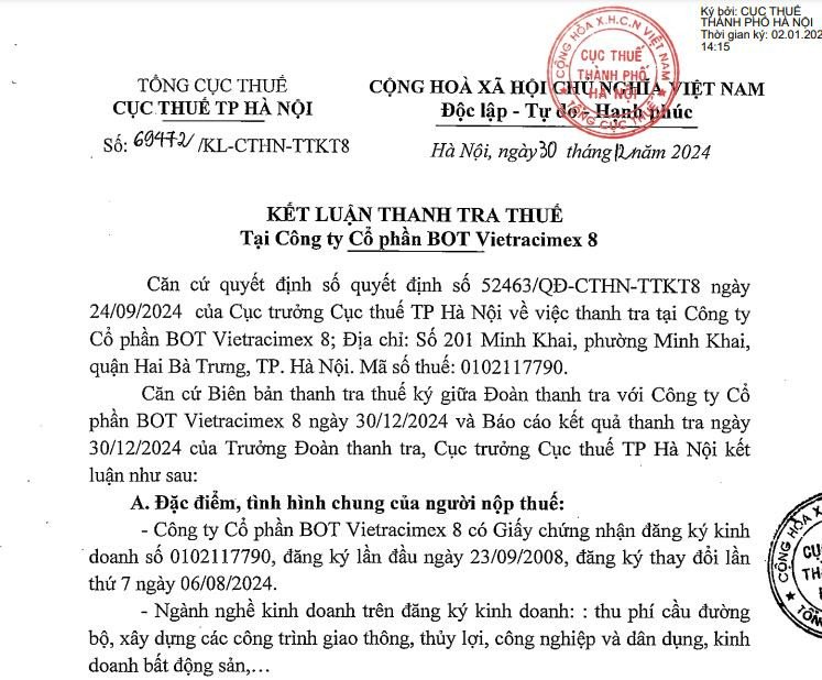 Kiểm tra hóa đơn sai phạm thuế tại BOT Vietracimex 8