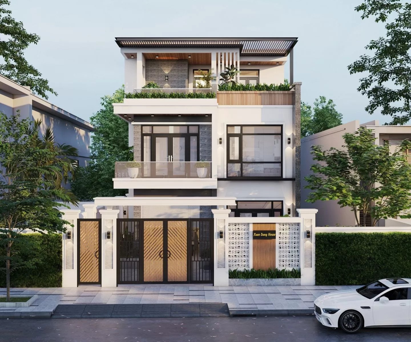 Kiểu nhà 3 tầng được xây dựng theo phong cách villa sang trọng với hồ bơi