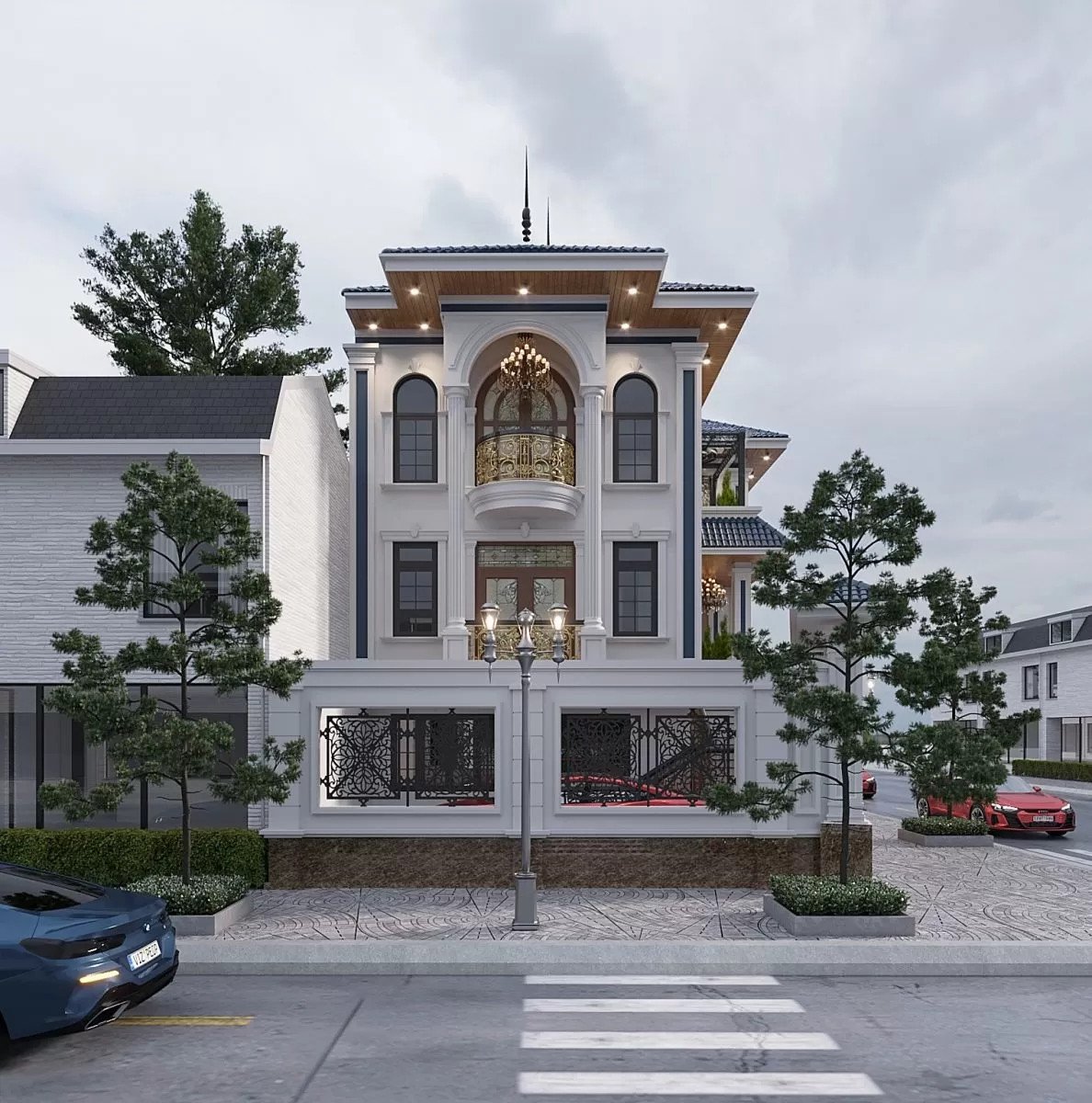 Kiểu nhà 4 tầng nhỏ nhắn, được thiết kế theo phong cách hiện đại với mặt tiền độc đáo