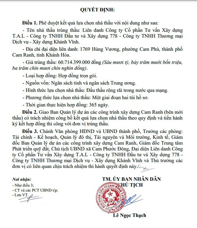 Lễ ký duyệt dự án cải tạo hồ chứa tại Cam Ranh liên quan Công ty Khánh Vĩnh