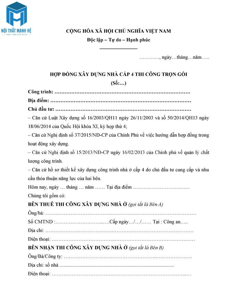 Mẫu hợp đồng thi công xây dựng nhà cấp 4 trọn gói chi tiết