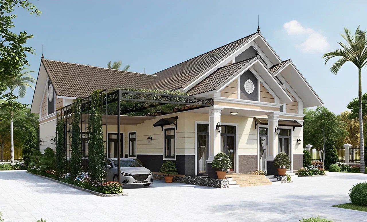 Mẫu nhà mái thái hiện đại và sang trọng với sân vườn tiểu cảnh
