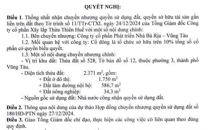 Mô tả quyết định của Xây lắp Thừa Thiên Huế về việc nhận chuyển nhượng quyền sử dụng đất từ Hodeco