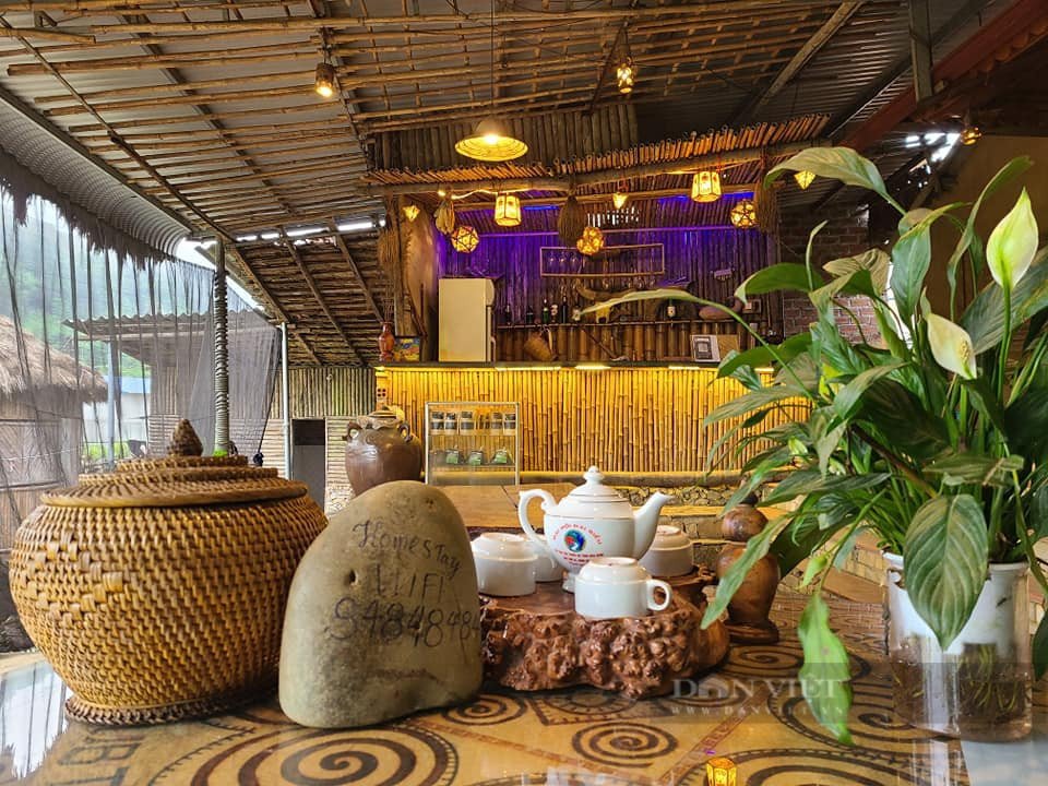 Một góc homestay A Páo với kiến trúc nhà sàn truyền thống và không gian xanh mát
