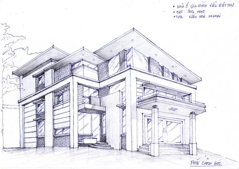 Phác thảo chi tiết biệt thự sang trọng, minh họa cho dịch vụ thiết kế xây nhà trọn gói