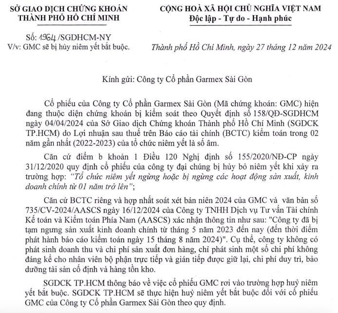 Quyết định hủy niêm yết cổ phiếu GMC trên HOSE