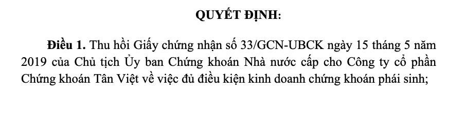 Quyết định thu hồi giấy phép chứng khoán phái sinh của TVSI