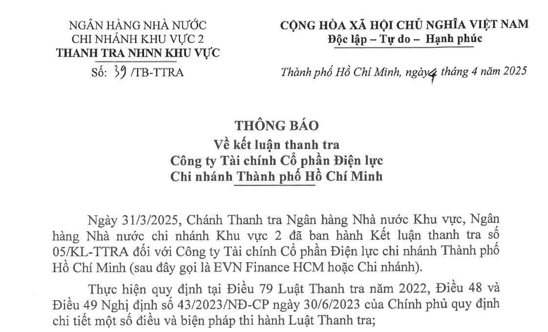 Tài liệu liên quan đến kết quả thanh tra NHNN tại EVN Finance HCM