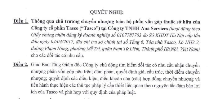 Tasco HUT thông báo thoái vốn Ana Services và kế hoạch huy động vốn qua trái phiếu