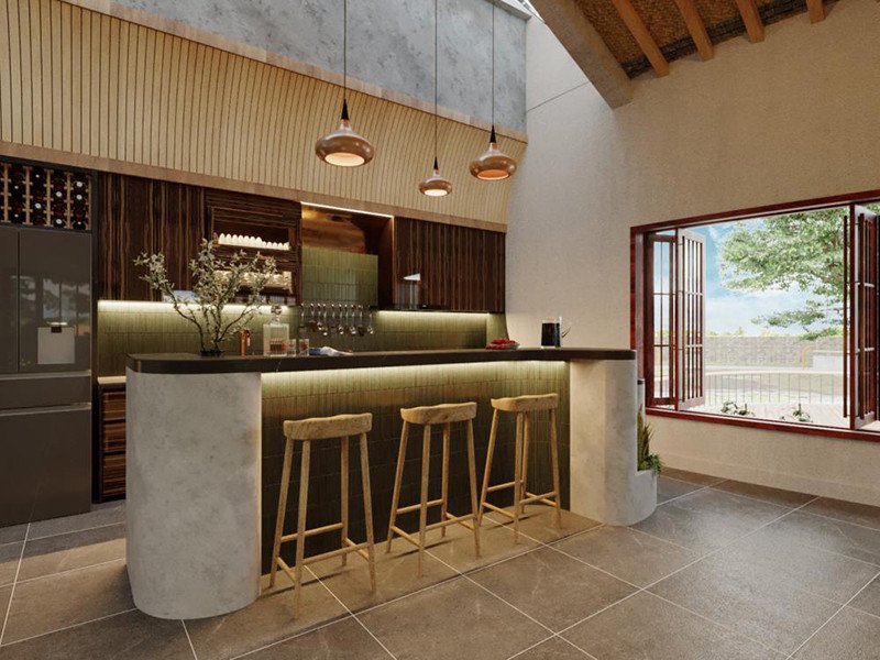 Thiết kế tủ bếp chữ L bằng gỗ sáng màu cho nhà bếp ở nông thôn