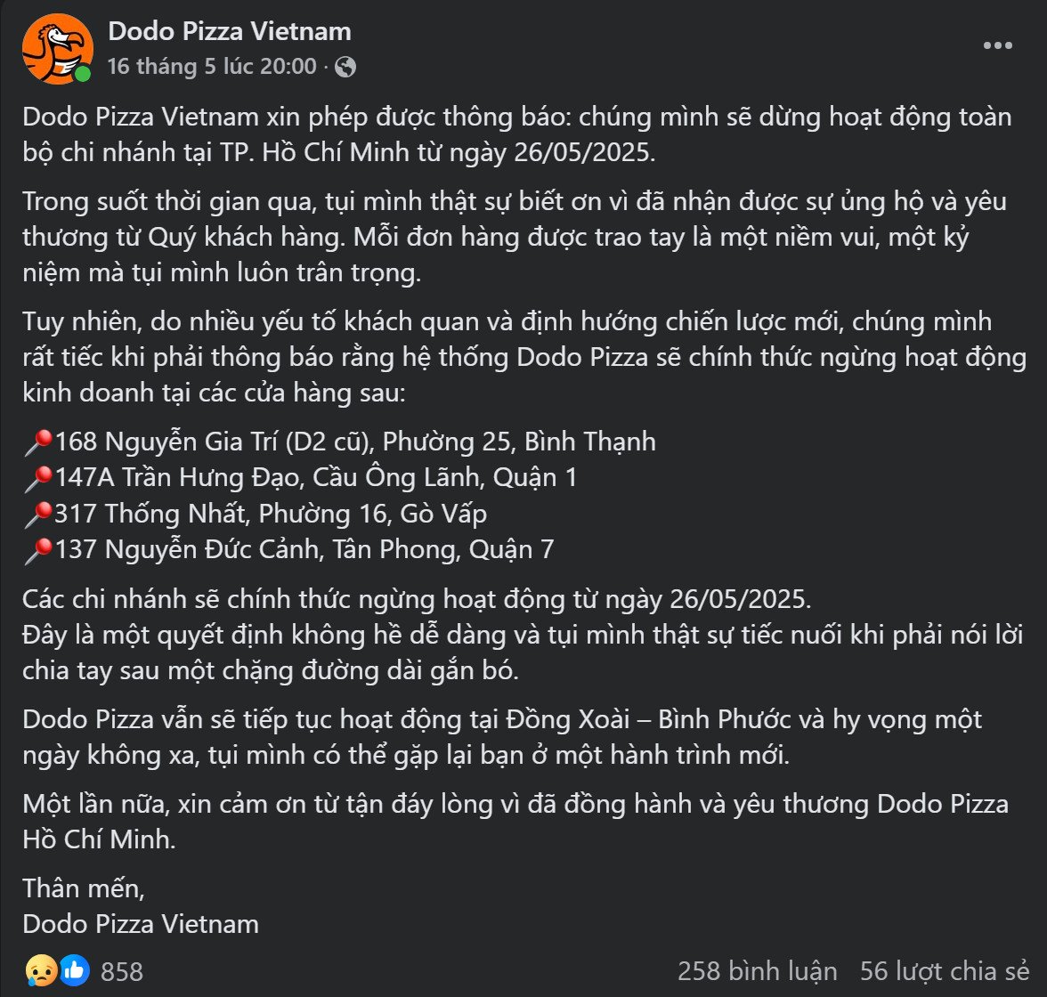 Thông báo chính thức về việc Dodo Pizza ngừng hoạt động tại TP.HCM