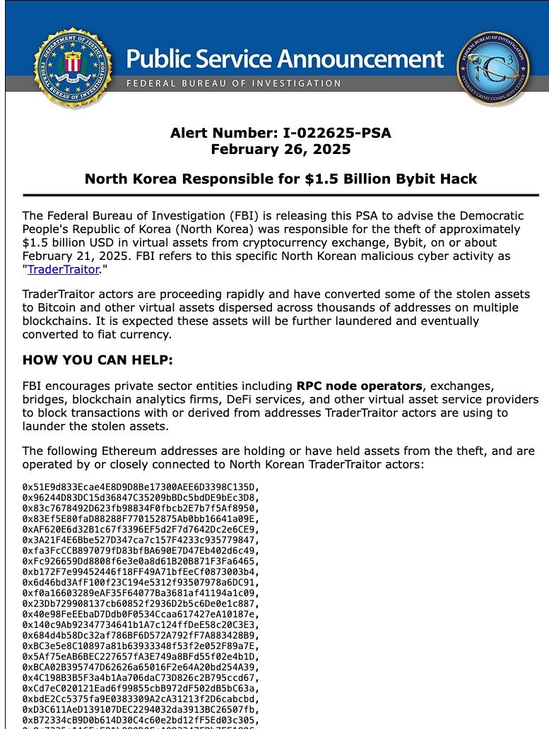 Thông báo của FBI về việc điều tra vụ hack Bybit và hướng dẫn báo cáo tội phạm mạng liên quan đến tiền điện tử