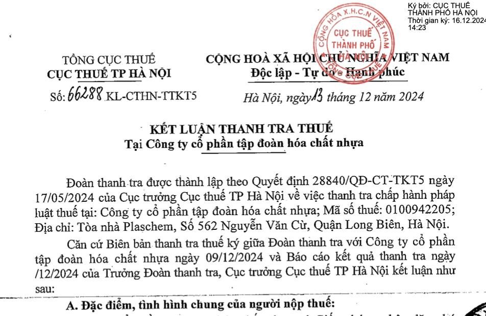 Thông báo hoặc chứng từ thể hiện việc Tập đoàn Hóa chất Nhựa Plaschem hoàn thành nghĩa vụ thuế sau thanh tra.