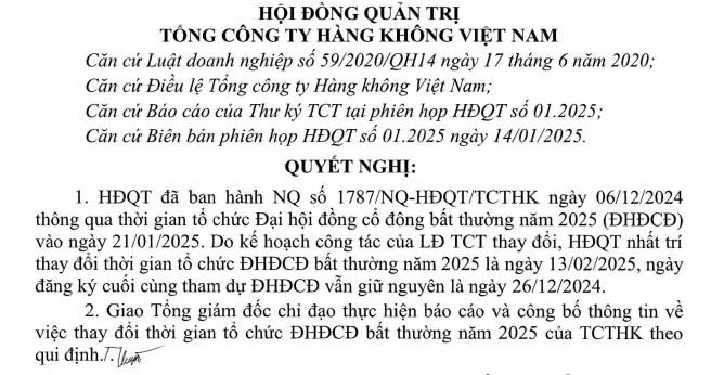 Thông báo thay đổi ngày họp Đại hội đồng cổ đông bất thường của Vietnam Airlines HVN