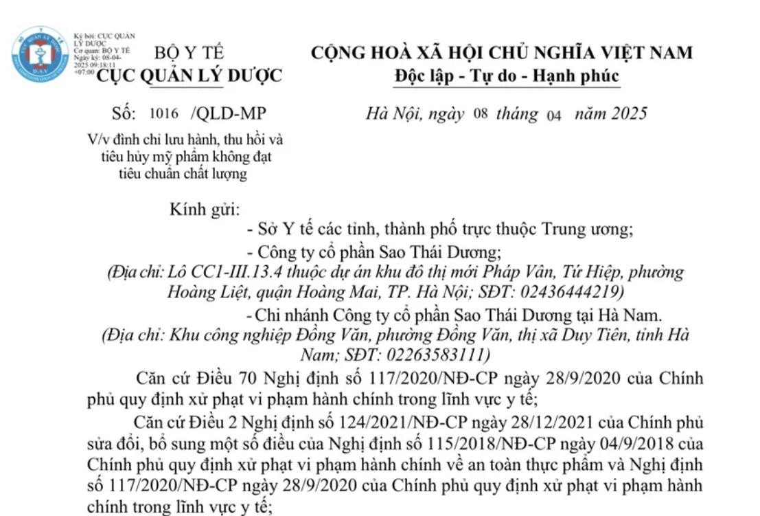 Thông báo thu hồi lô dầu gội Aladin của Sao Thái Dương