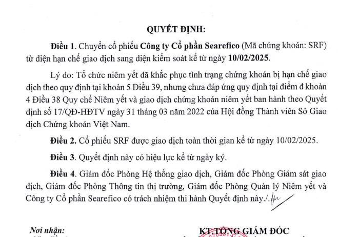 Thông báo về trạng thái giao dịch cổ phiếu SRF của HOSE
