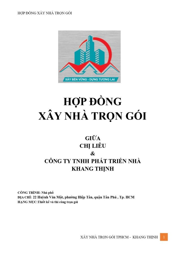 Trang bìa hợp đồng xây nhà cấp 4 chìa khóa trao tay chi tiết