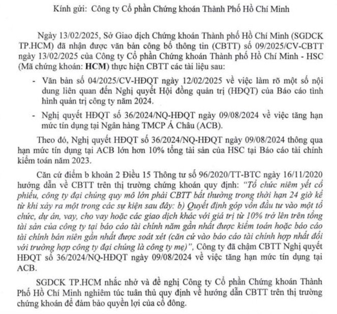 Văn bản nhắc nhở HSC công bố thông tin chứng khoán