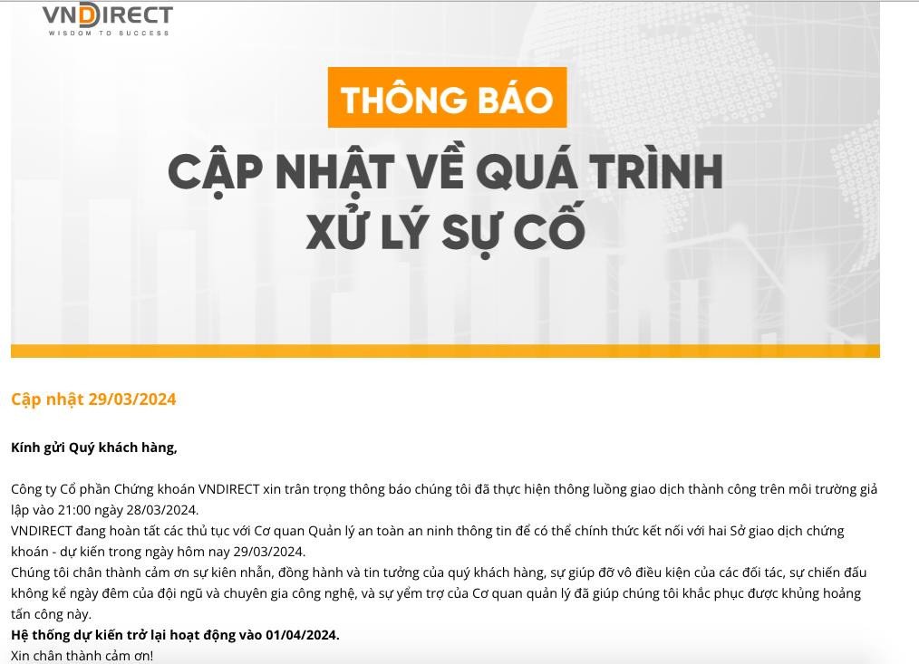 VNDirect thông báo hệ thống dự kiến trở lại hoạt động, minh họa quá trình khắc phục sự cố
